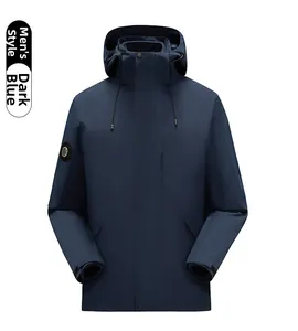 Detail of deep blue men's waterproof hooded jacket with adjustable hood and zip pockets