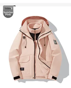 Detail of pink 3-in-1 waterproof jacket with detachable fleece lining and adjustable hood