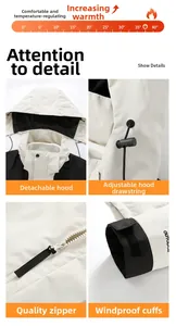 Detail view of detachable hood, high-quality zipper, and windproof adjustable cuffs