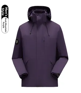 Detail of men's twilight purple outdoor jacket with hood and arm badge logo