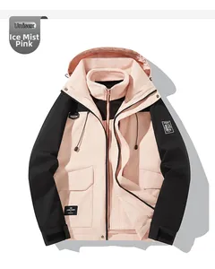 Pink and black outdoor waterproof 3-in-1 jacket with velcro cuffs and hood