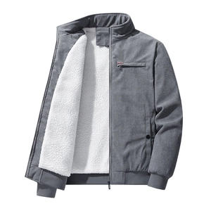 Men's dark gray corduroy winter jacket with thick faux sheepskin lining and zipper pocket
