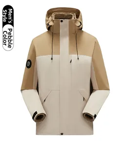 Detail of men's pebble hooded jacket showing drawstring hood and velcro adjustable cuffs