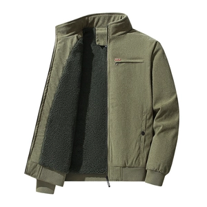 Mens thick olive green corduroy jacket with warm fleece lining and stand collar design