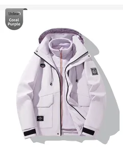 Detail view of purple 3-in-1 waterproof jacket with detachable fleece lining and hood