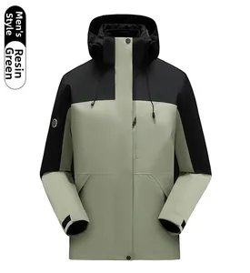 Detail of rosin green waterproof outdoor jacket with adjustable hood and velcro cuffs