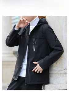 Detail of men's hooded jacket featuring plush lining and chest zipper pocket