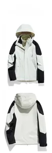 Flat lay view of men's outdoor waterproof jacket showing front and back in white and black