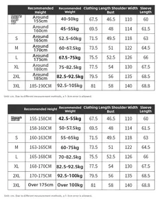 Detailed outdoor jacket size chart showing height and weight recommendations from XXS to 3XL