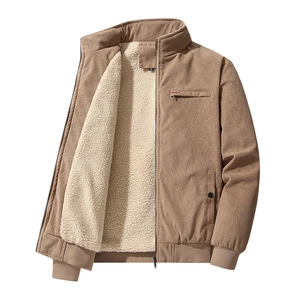 Men's winter corduroy jacket with thick sherpa fleece lining and ribbed cuffs in khaki