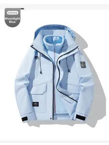Detail of moon blue 3-in-1 outdoor jacket with fleece liner and velcro cuffs