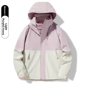 Outdoor 3-in-1 waterproof jacket for women in light purple and ivory white with fleece liner