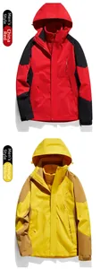 Detail view of men's waterproof jackets in vibrant red and orange yellow contrast colors