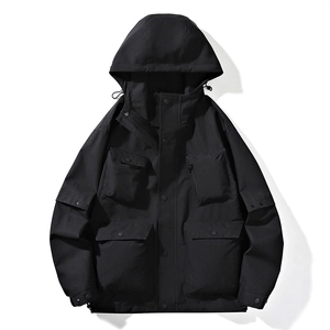 Men's outdoor hooded jacket with multiple pockets and detachable hood in black utility style