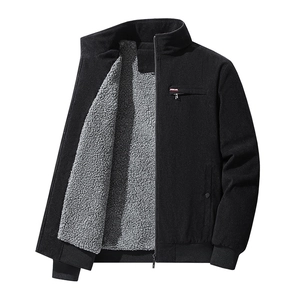 Men's black corduroy winter jacket with warm sherpa lining and standing collar