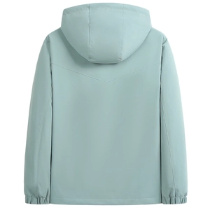 Men's casual windbreaker jacket in light green featuring a hooded back and V-shaped seam