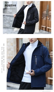 Detail of fleece-lined hooded winter jackets in black and navy featuring sport chest zippers