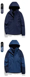 Vertical collage showing dark blue and denim blue waterproof outdoor hooded jackets