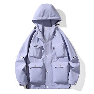 Lavender lightweight waterproof hooded outdoor jacket for men and women with multi-pockets