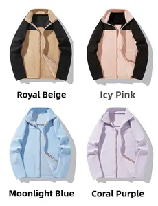 Collage of fleece jackets in four colors with high collar and full zipper details
