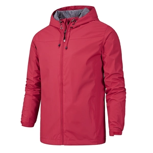 Men's red hooded outdoor jacket featuring windproof fabric and adjustable cuffs