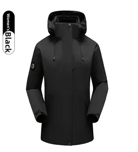 Detail of black women's 3-in-1 jacket showing adjustable hood and zippered chest pocket