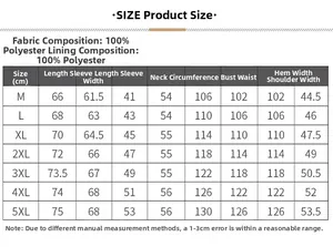 Detailed size chart for men outdoor fishing jacket with polyester fabric specifications