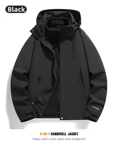 Detail of black 3-in-1 waterproof jacket with detachable fleece lining and outdoor logo