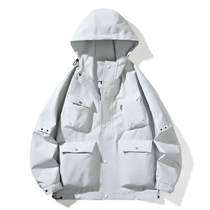 Men's light grey hooded windbreaker outdoor jacket with functional multi-pocket design