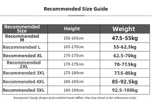Detailed size chart for men's outdoor jacket showing recommended height and weight for M to 5XL