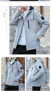 Detail of grey men's hooded jacket with thick fleece lining and outdoor windproof design