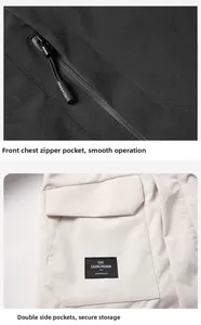 Detail view of waterproof zipper pocket and stylish brand label on the casual outdoor jacket