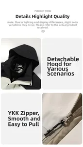Detail of the 3-in-1 jacket featuring a detachable hood and premium YKK metal zipper