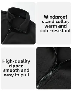 Detail of black fleece jacket showing windproof stand collar and smooth zipper closure