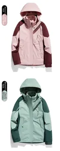 Detailed flat lay of women's 3-in-1 outdoor jackets in burgundy and dark green colors