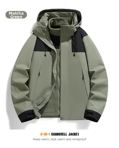 Detail of matcha green 3-in-1 outdoor jacket with warm removable fleece liner
