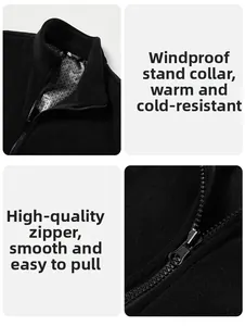 Detail of windproof stand collar and thermal silver dot lining on black fleece jacket