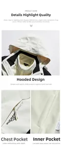 Detail of outdoor jacket showing adjustable hood and premium embroidery with waterproof fabric