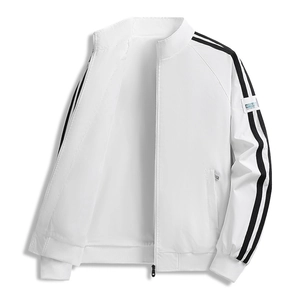 Men's trendy white stand collar sports jacket with black and white striped sleeves