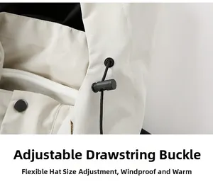 Detail of adjustable drawstring buckle on waterproof hood for windproof outdoor jacket