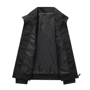 Men's black casual jacket with stand-up collar and ribbed cuffs in smooth polyester
