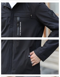 Detail of black outdoor jacket with SPORTMENS embroidery and tactical arm badge
