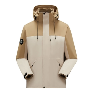 Three-in-one outdoor detachable beige hooded jacket with color-block hiking performance style
