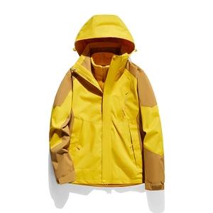 Waterproof yellow and camel 3-in-1 outdoor jacket with hood and warm fleece lining