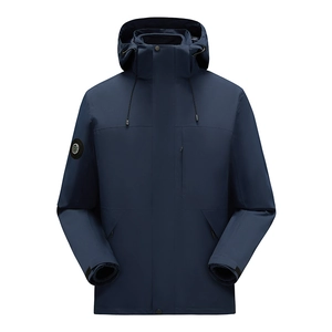 Waterproof navy blue 3-in-1 functional hiking jacket with adjustable hood and sleeve badge