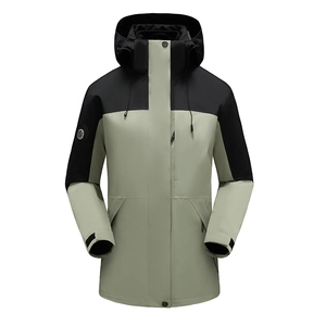 Three-in-one hooded hiking jacket in green and black color block with velcro cuffs