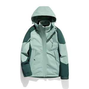 Three-in-one waterproof outdoor jacket with detachable fleece lining in green colorblock