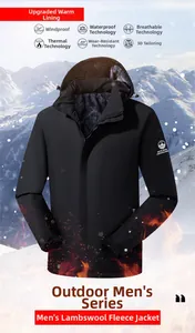 Detail of waterproof windbreaker with thick fleece lining and mountain scenery background
