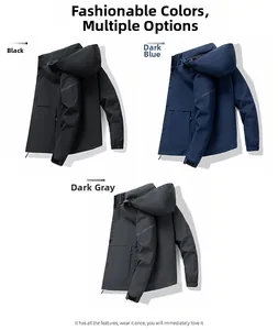Three men's slim fit hooded windbreaker jackets in black, deep blue, and dark gray colors