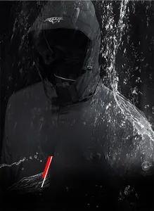 Detail showing water-resistant high-density fabric on black men's outdoor jacket